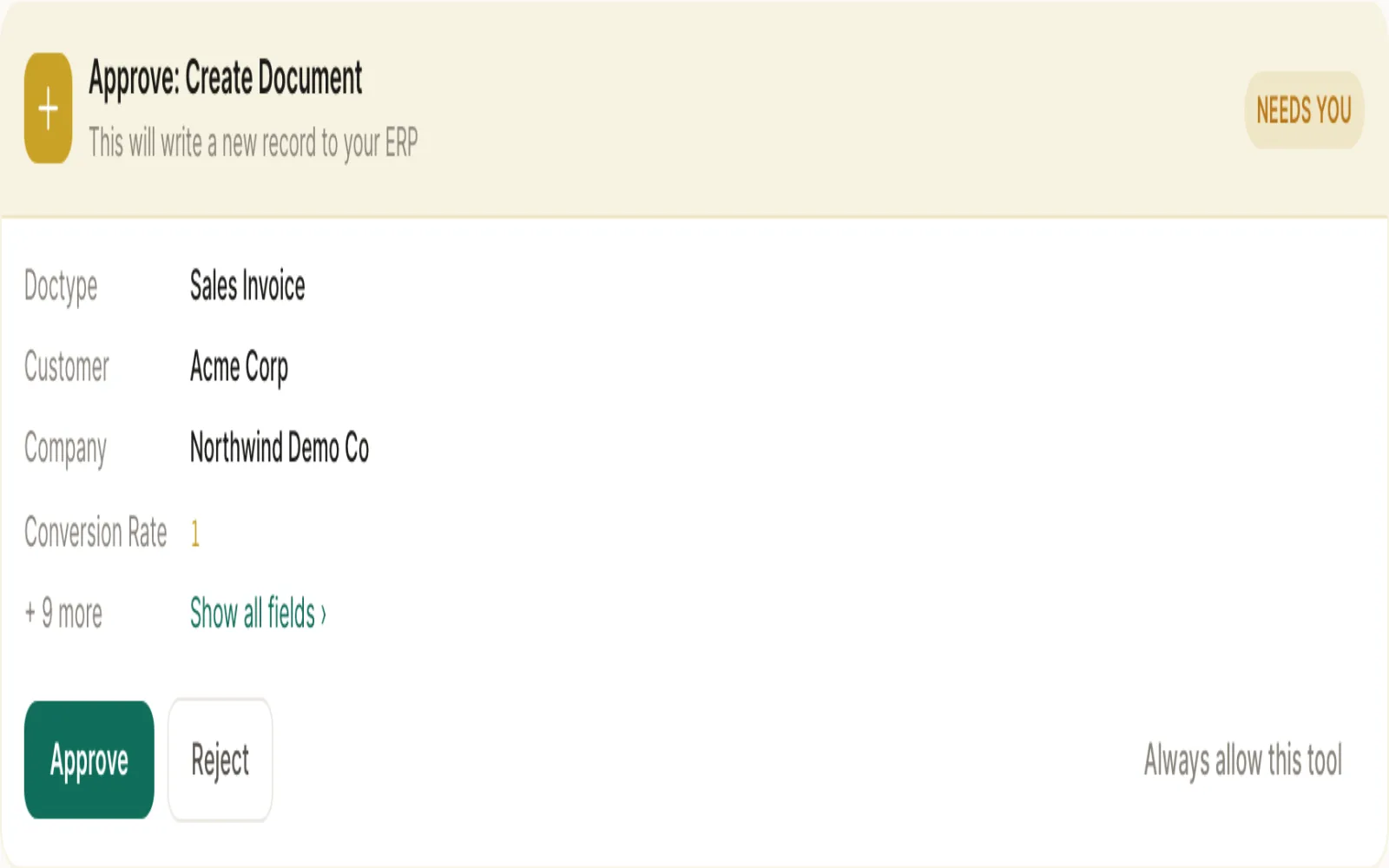 The approval card FAC Chat shows before a write. It names the tool, lists the fields it is about to set, and offers three choices: approve once, reject, or always allow this tool. Nothing is written until one is chosen.