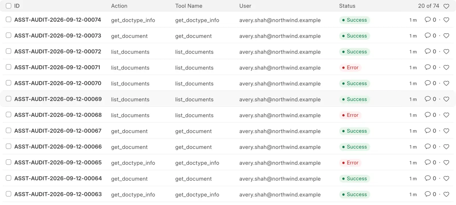 The Assistant Audit Log on the customer's own Frappe site, filtered to one person. Each row names the action, the tool, the user and whether it succeeded — one row per tool call, written on their site, not ours.