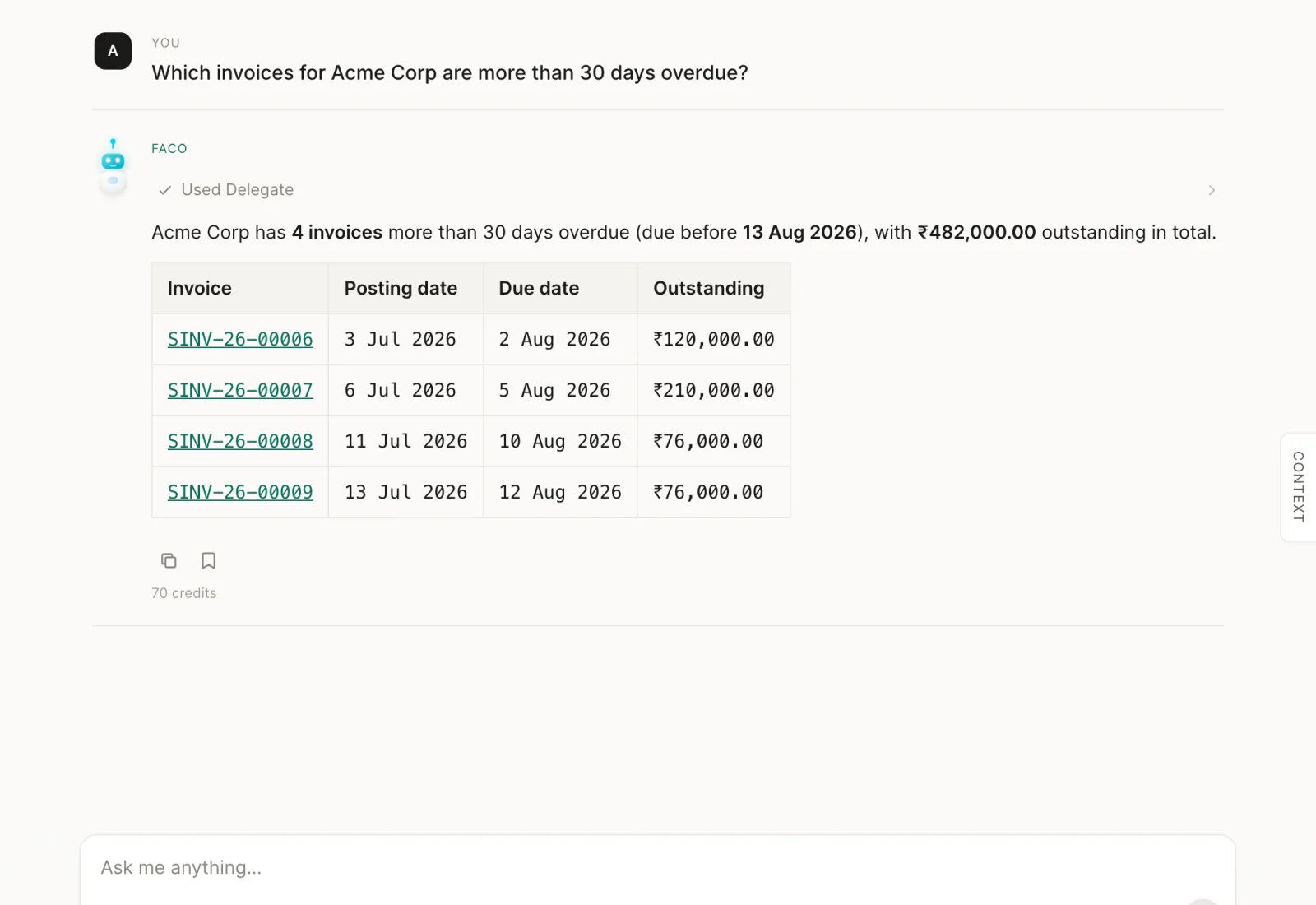 FAC Chat, asked which invoices for Acme Corp are more than thirty days overdue, answering with four invoices totalling Rs 4,82,000 and listing each one with its amount and how long it has been outstanding.